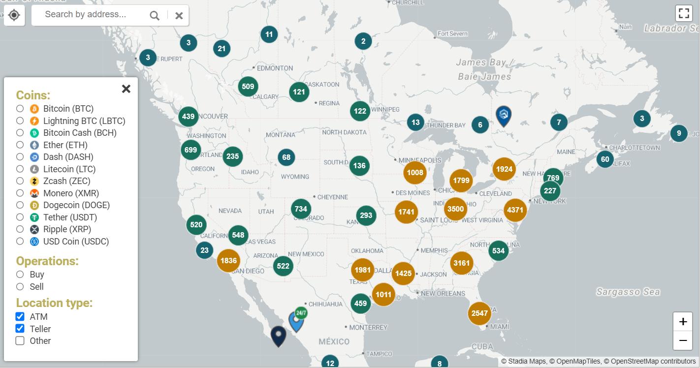 The US on the Bitcoin ATM and teller map