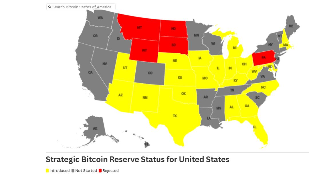 The map of a local Strategic Bitcoin reserve status for United States
